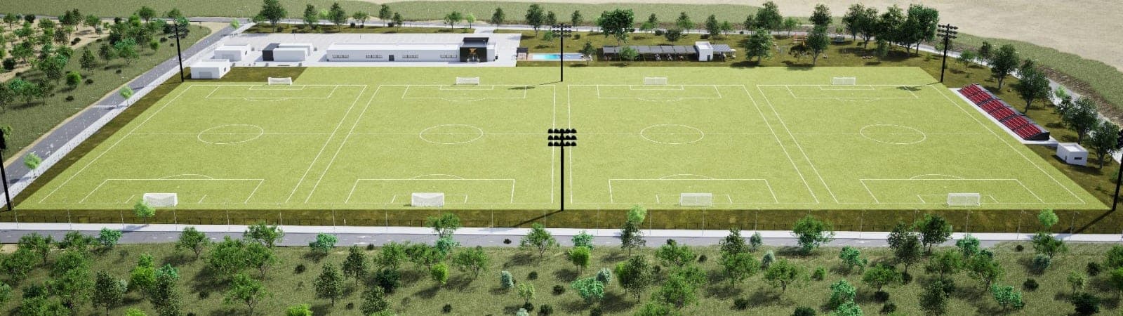 Render of the complex seen from above, pitch and buildings together